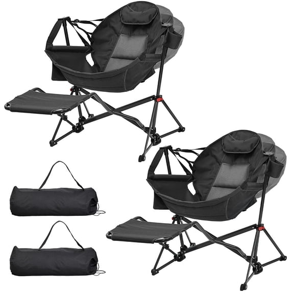 Ainfox Foldable Portable Rocking Camping Chairs with Footrest, Cup Holder, Pillow, Black(Set of 2)