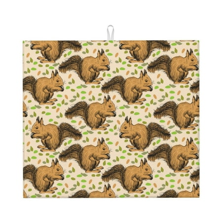 

Honeii Cute Squirrel with Green Leaves for Dish Drying Mat for Kitchen Counter Non-slip Rubber Backed Hide Stain Kitchen Super Absorbent Draining Mat Dish Rack Pad