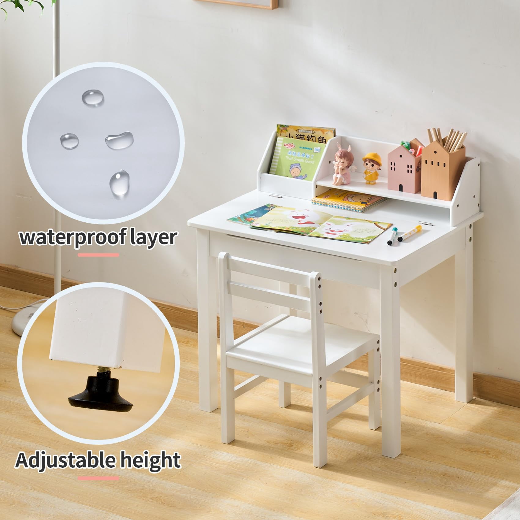 UNICOO® Bamboo Kids Desk and Chair Set, Lift-Top Desk & Chair Set for 3-8 Years Old, Children Writing Desk with Storage and Hutch for Home School Use (C007 - White)