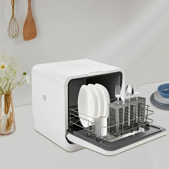 Modern Rectangular Portable Compact Countertop Mini Dishwasher with Water Tank Leak-Proof Air Dry White 120V 785W 17.32*16.25*16.69in for Apartments, Snack Bars, Dorms