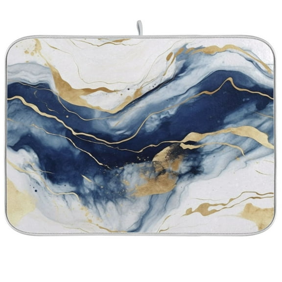 Blue Marble with Gold Dish Drying Mat Microfiber Kitchen Mats Large Counter Absorbent Dish Pad Drainer Rack 16"x18"