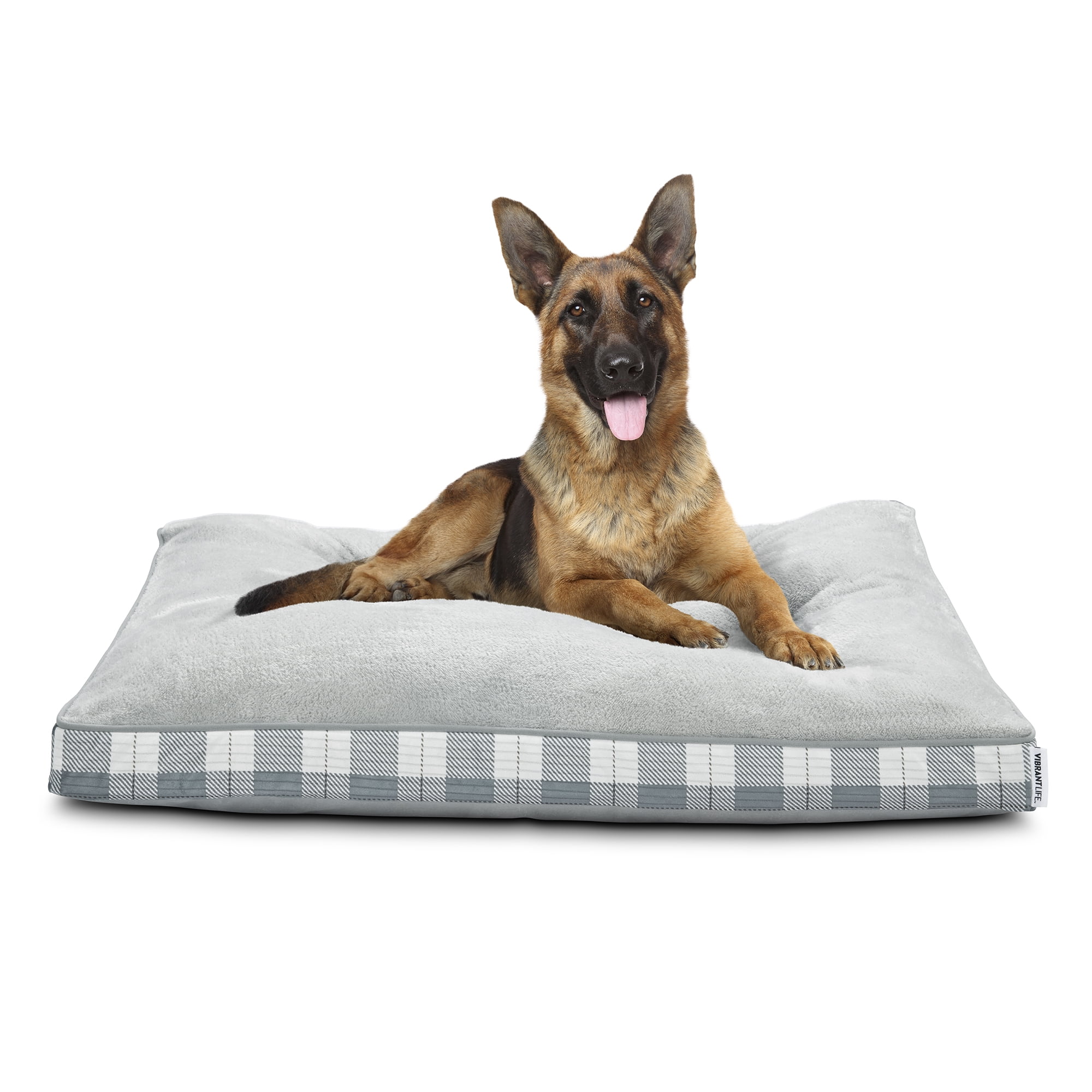 Vibrant Life Large Deluxe Gusset Pillow Dog Bed, 42" Grey White Plaid