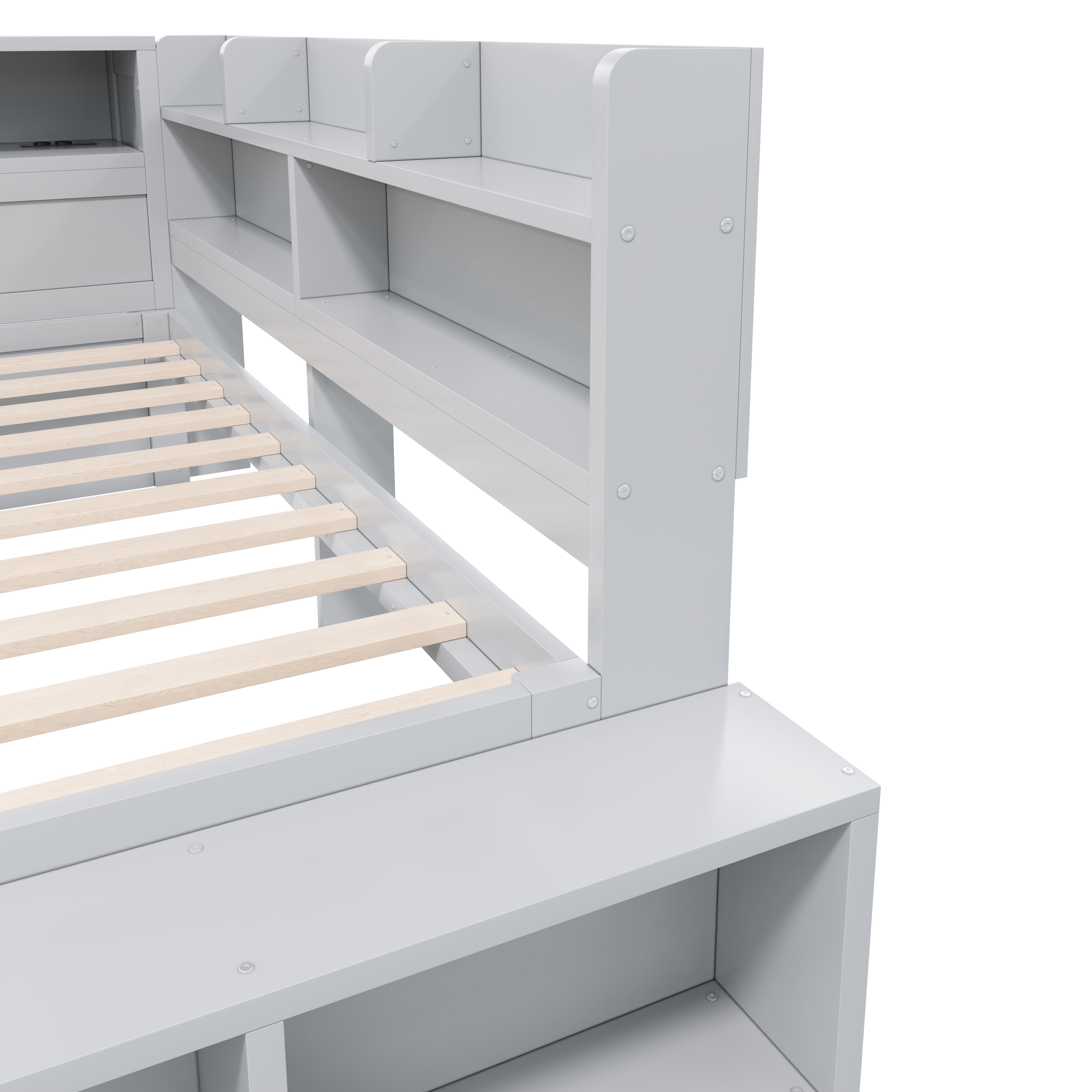 Mintazer Full Size Daybed with Storage Cabinets & Charging Station, Platform Bed Frame with Shoe Rack, Gray