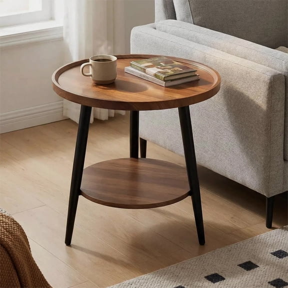 Keerffo Round End Side Table,2-Tier Mid Century Modern Coffee Sofa Table with Metal Frame Legs Nightstand for Home Bedroom and Living Room