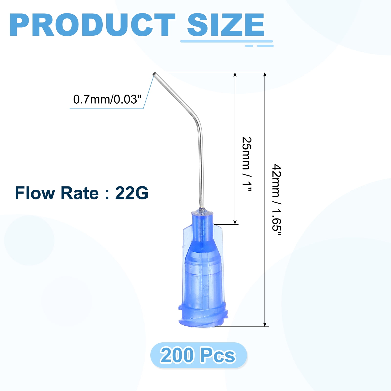 200 Pack Blunt Tip Dispensing Needles, 22Ga Gauge Stainless Steel 45 Degrees Bent Dispensing Tips with Luer Lock 1" End Angled Blunt Dispenser Needle, Blue