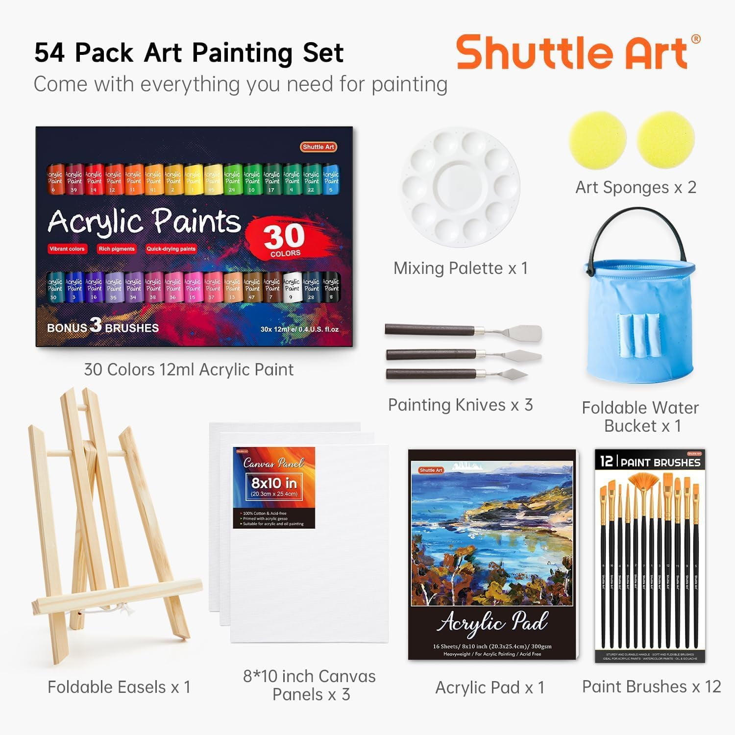 Shuttle Art 54 Pack Acrylic Paint Set, Acrylic Painting Set with 30 Colors Acrylic Paint, Wooden Easel, Painting Canvas, Paint Brushes, Palette, Art Painting Supplies for Adults Beginner Artists
