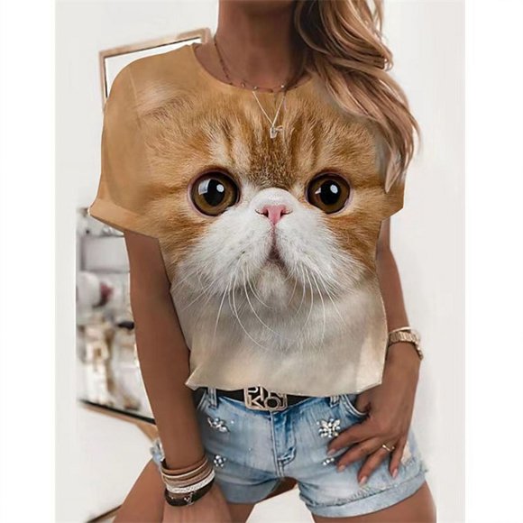 New women's T-shirt fashionable cat pattern short-sleeved casual and fun T-shirt summer O-neck cat lover women's clothing