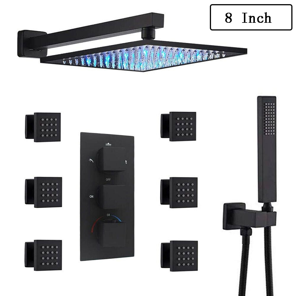 HOMEDEC Black LED Rainfall Shower Faucet System – Thermostatic With Massage Jets (8/12/16 Inch)