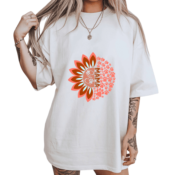 Coral Sunflower Dog Mama Shirts White S-5XL Print Tshirt Heart Paw Graphic Tees Tops