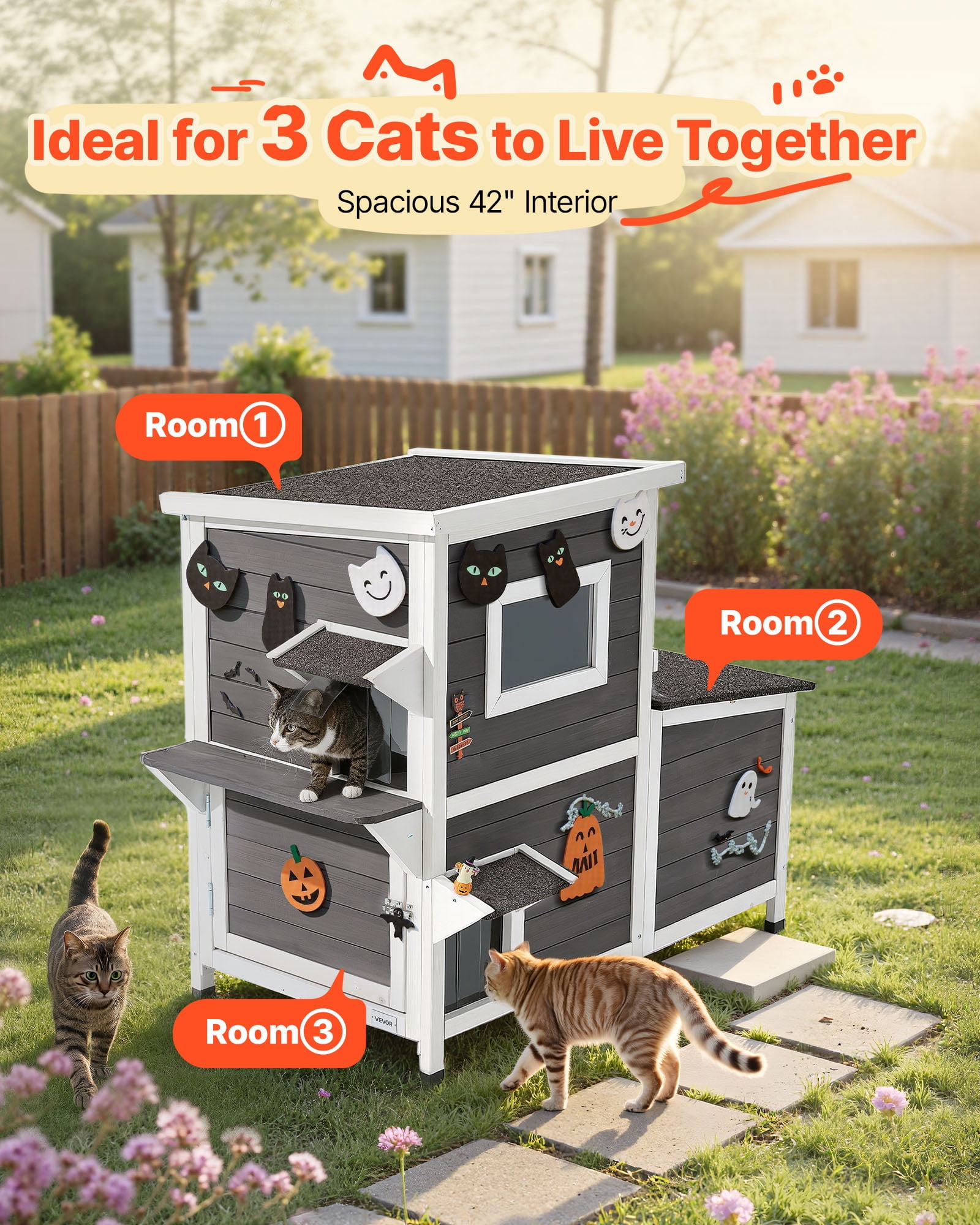 VEVOR Outdoor Cat House,2-Story Wooden Cat Shelter for 3 Outside Cats in Winter,Elevated Feral Kitty Shelter with Stairs, Clear Window & Flap Doors,Waterproof Cats Condos for Garden 42 × 25 × 34 in