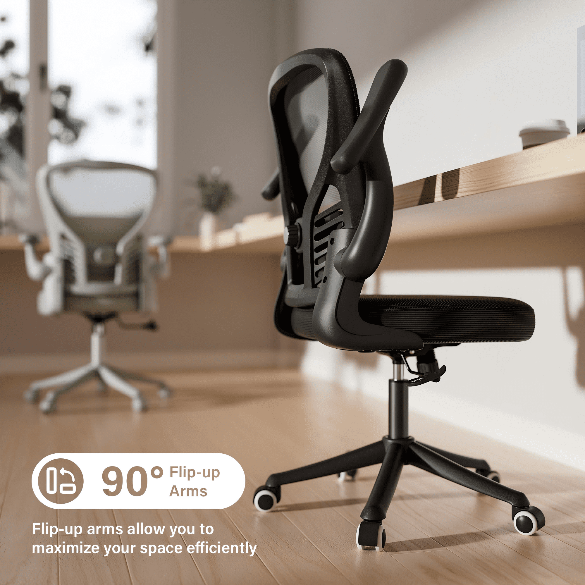 HomeZeer Mesh Middle Back Home Office Desk Chair with Caster and Flip-up Arms, Black