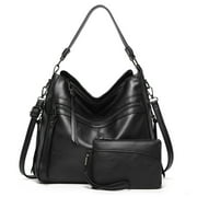 Niuer Womens PU Leather Tote Shoulder Bags Retro Black Handbags and Purses Set Zipper Work Tote for Women, Ladies Large Purse Crossbody Hobo Bags with Matching Wallets 2Pcs Set