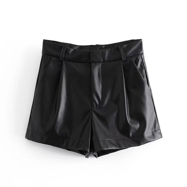 Jumpingount Pantalones cortos de cuero PU para mujer, pantalones cortos de pierna recta con cremallera y cintura alta Vintage, pantalones con Prendas para la parte inferior del cuerpo Negro L