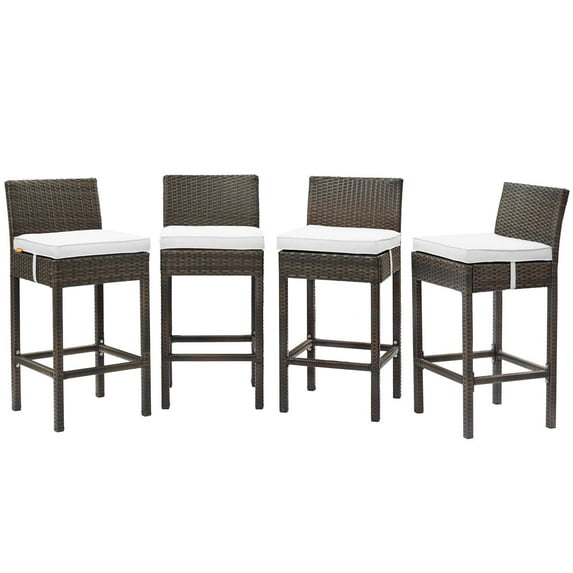 Contemporary Modern Urban Designer Outdoor Patio Balcony Garden Furniture Bar Side Stool Chair, Set of Four, Fabric Rattan Wicker, Brown White
