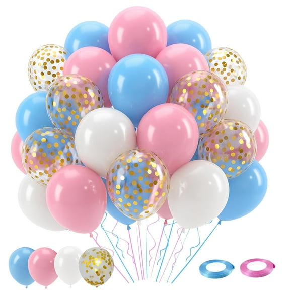 Pink Blue White Balloons,50 Pcs 12 inch Pink Blue and White Pastel Gold Confetti Latex Balloons with 2rolls Ribbon For Birthday Baby Shower Gender Reveal Party Supplies Decorations