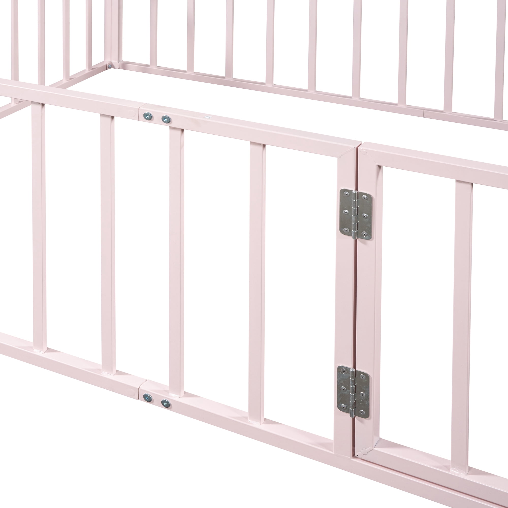 Full Floor Bed Frame for Kids, Metal Montessori Floor Bed with Door, Full Size Bed Frame with Fence-Shaped Guardrails, Floor Full Bed for Kids, Boys, Girls