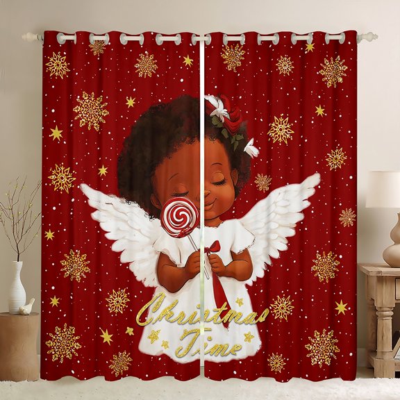 Homewish Black Girl Angel Black Out Curtains for Teens Children Kids,Merry Christmas Curtains Pack of 2 (42x63 Each),Xmas Snowflake Bedroom Curtains,Super Cozy Room Decor