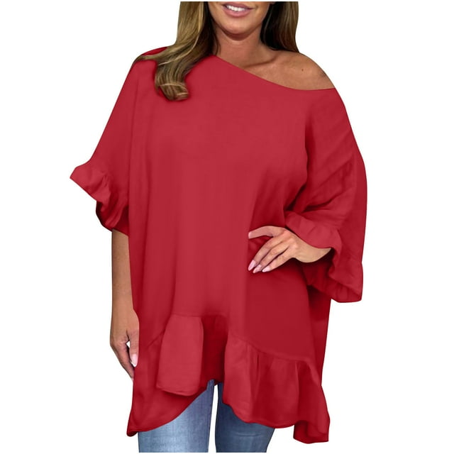 AherBiu Plus Size Tops for Women Summer Casual Loose Fitting Blouses Trendy Ruffle 3/4 Sleeve Flowy Shirts