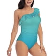 thumbnail image 3 of Salouo Teal Turquoise Pattern One Shoulder Ruffled One Piece Swimsuit for Women V Neck Swimwear Tummy Control Bathing Suit-XX-Large, 3 of 6