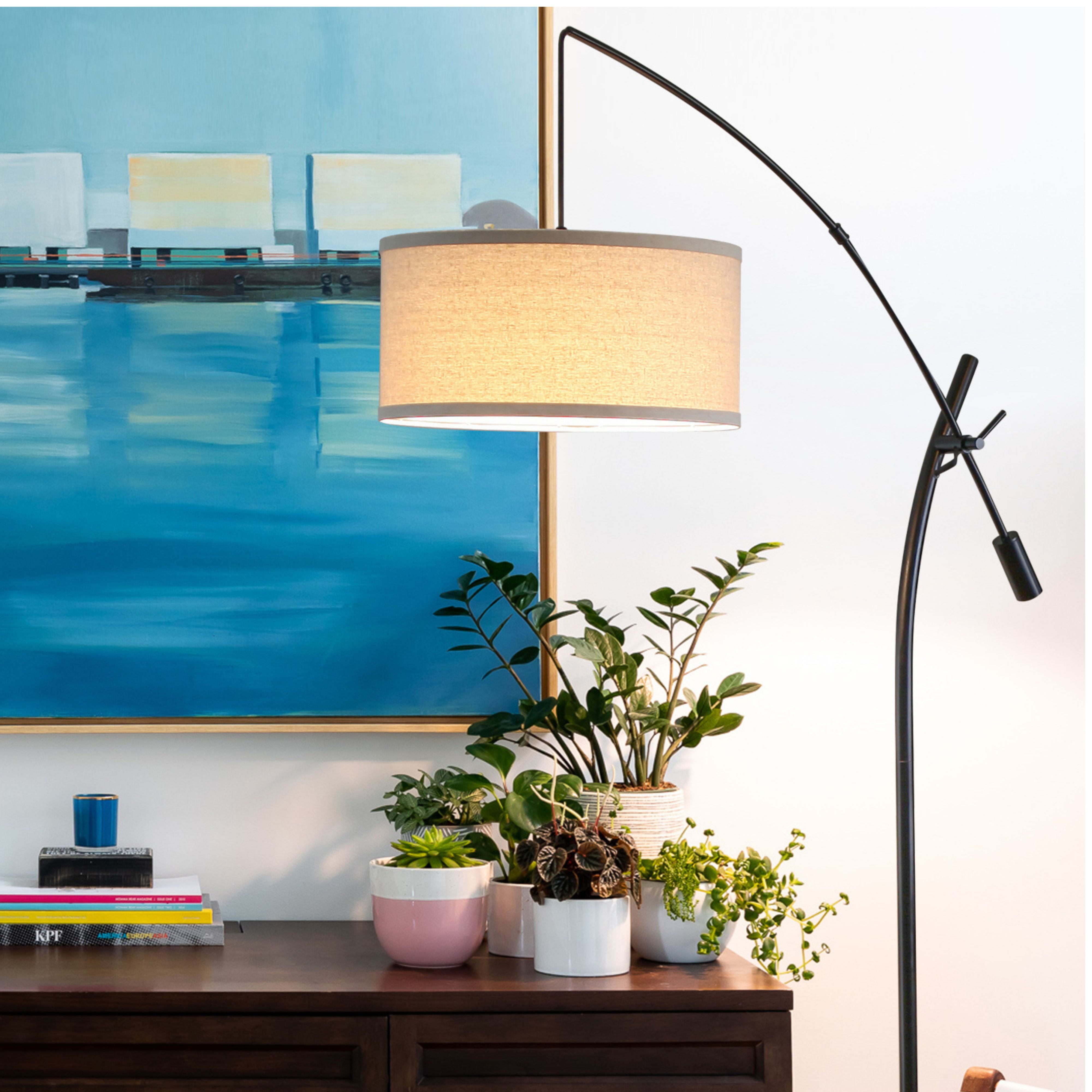 Brightech Grayson 84 in. Classic Black Mid-Century Modern 1-Light Height Adjustable LED Floor Lamp with Beige Fabric Drum Shade