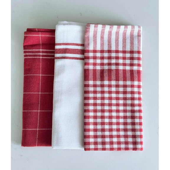 Premium Kitchen Towel and Dish Cloth Value Set: Highly Absorbent, Super Soft, Long-Lasting, 100% Cotton Checked and Solid Hand Towels, Tea Towels, Bar Towels 3 Pack (Red)