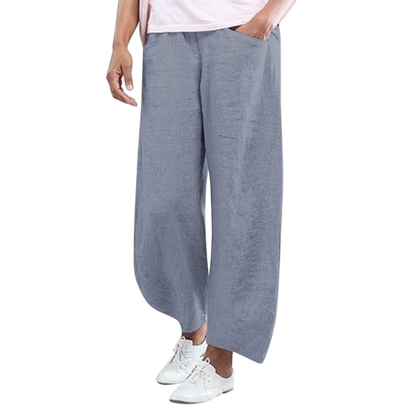 Women Fashion Solid Color Cotton Flax Elastic Long Pants Beach Leisure Trousers