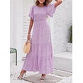 thumbnail image 3 of Women's 2026 Summer Casual Boho Floral Print Short Flutter Sleeve Crew Neck Smocked High Waist Smocked Flowy Long Maxi Dress, 3 of 5