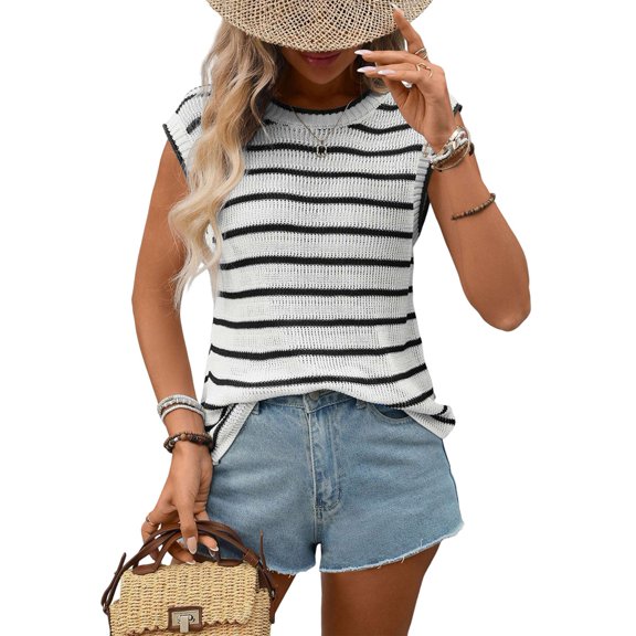 Striped Sweater Vest Women Spring Summer Crewneck Knit Shirts Dressy Beach Cute Crochet Tank Tops Black S