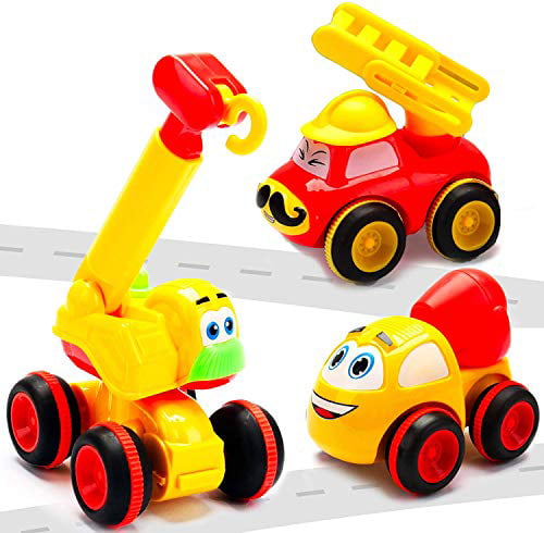 Push & Go Cars Cartoon Construction Vehicle Set Best Toddler Boys Toys & Toy Trucks Playmat & 16 Accessories Toddler Toys Toys for 2 Year Old Boy 4 Friction Powered Trucks for 2+ Year Old Boys 
