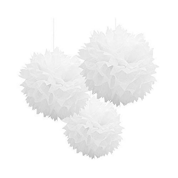 White Large Fluffy Pom Pom Hanging Decorations (3ct)