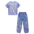 thumbnail image 4 of Hansber Kids 2 Piece Dance Outfit Shorts Sleeve Shiny Metallic Round Neck T-shirt with Pant Set Jazz Royal Blue 140, 4 of 5