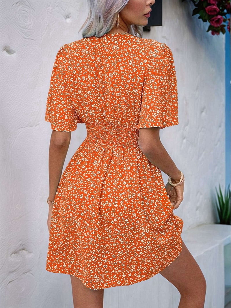 Women Summer Casual Floral Print Short Flutter Sleeve Mini Dress Casual Sundress V Neck Sun Dresses Orange Color XXL
