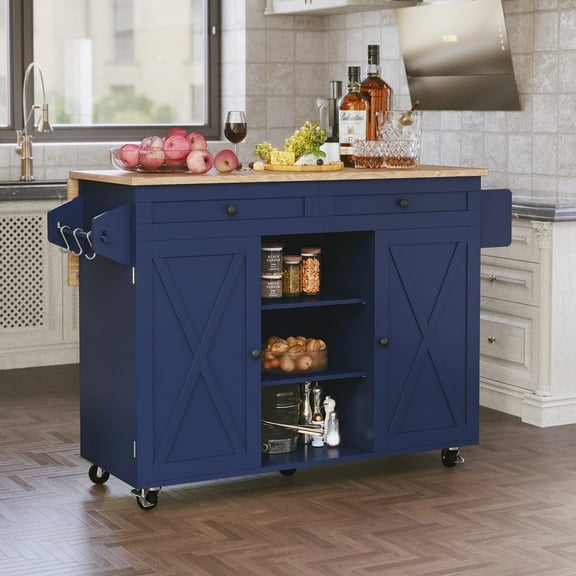 CBJCBJ 51.7" Rolling Kitchen Island Foldable, Adjustable Shelf & 2 Storage Doors - Mobile Kitchen Cart, Breakfast Bar with Storage (Navy Blue)
