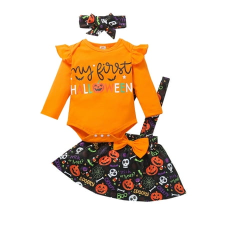 

Nokpsedcb Newborn Baby Girls My 1st Halloween Clothes Sets Long Sleeve Romper Suspender Skirt with Headband Orange 3-6 Months