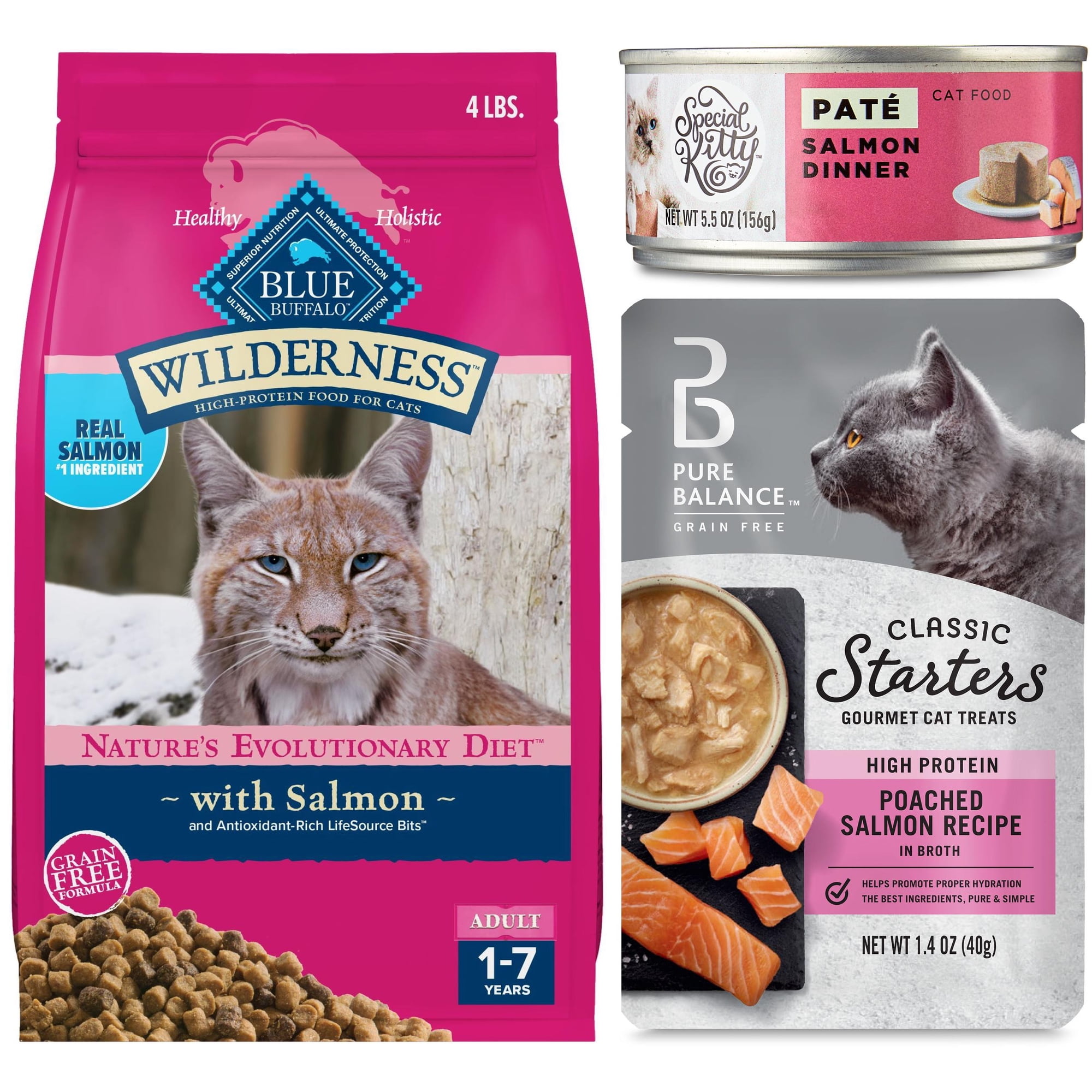 Salmon Favorites Cat Food Bundle: Blue Buffalo Dry Food, Special Kitty Wet Pate & Pure Balance Broth Treat
