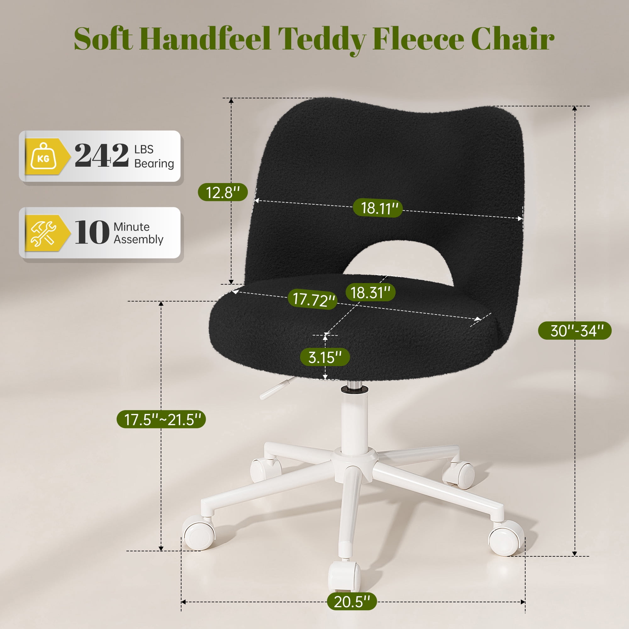 Romorgniz Adjustable Vanity Chair with Backrest Teddy Velvet Swivel Desk Chair with Wheels, Space-Saving Makeup Computer Chair, Black