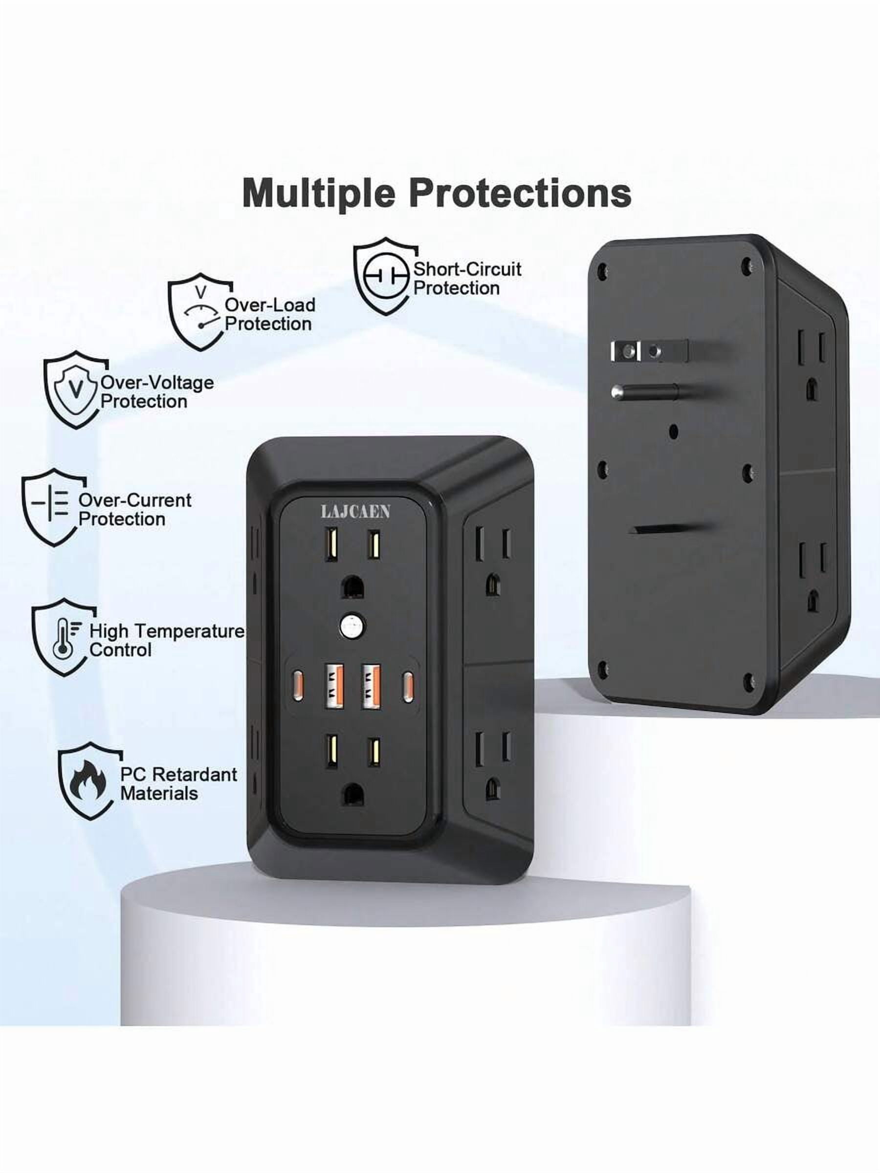 2 Pack Wall Outlet Extender - 6 AC Outlets & 4 USB Charger (2 USB C Ports), 1050J Surge Protector Power Strip, 3-Side Space Saving Design, Wall Mountable For Home, Dorm, Office Essentials