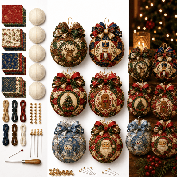 Christmas Classics Patchwork Ornament DIY Kit, Creative Christmas Craft Kit with Fabric Pieces Accessories and Instructions, Handmade Keepsake Ornament Project and Holiday Gift for Craft Lovers, A