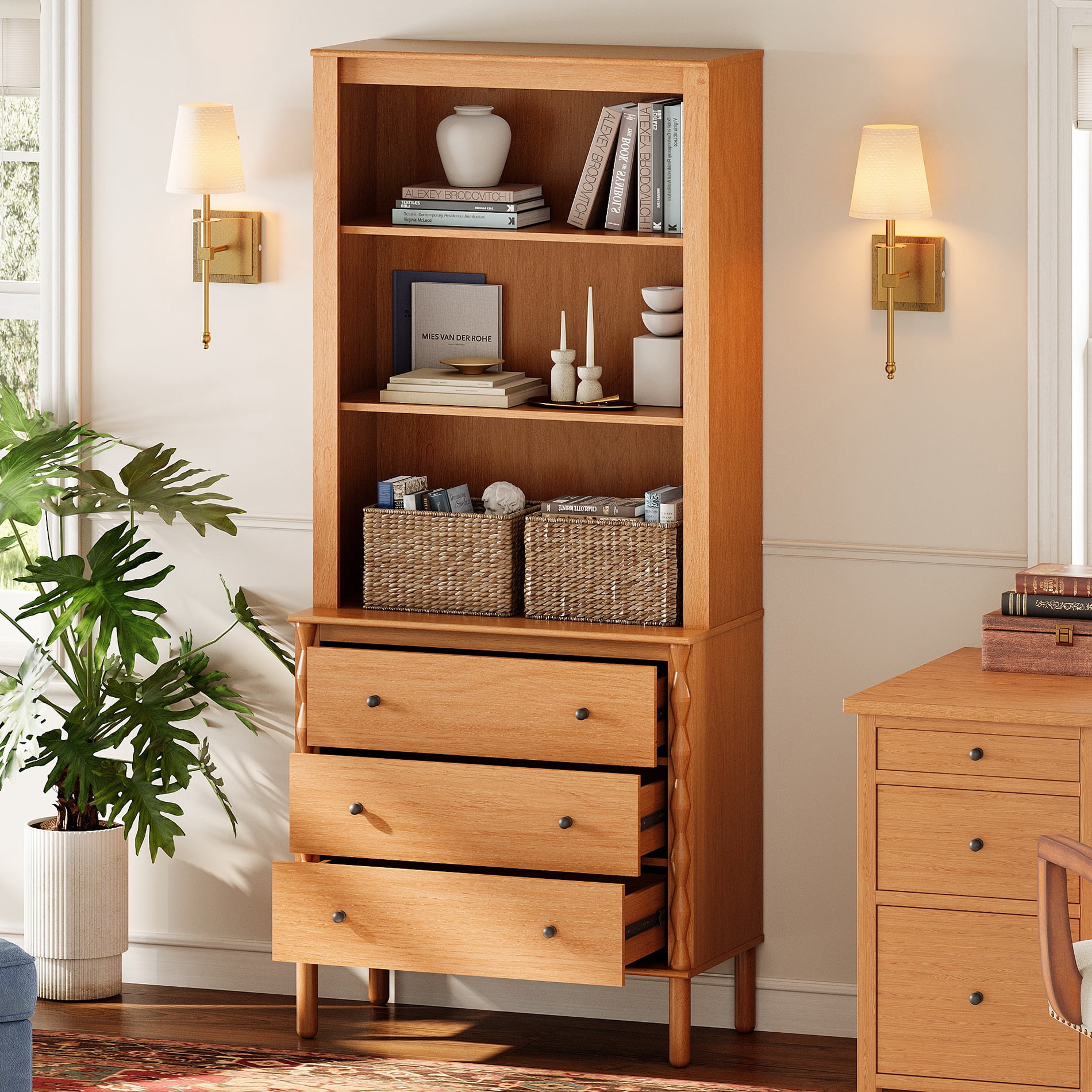 72" Tall Bookshelf with 3 Drawers and Open Book Shelves,Walnut