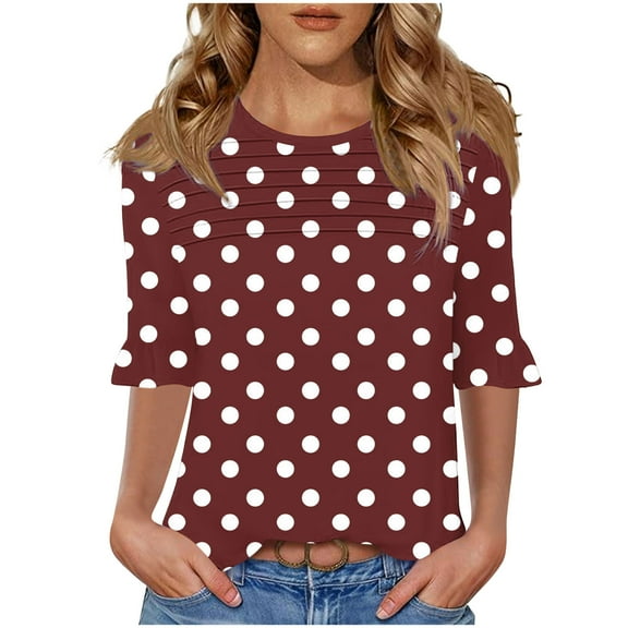 Women's Elbow-Length Ruffle Sleeve Top with Random Polka Dots and Stripe Detail, Round Neck Comfort T-Shirt for Casual Wear