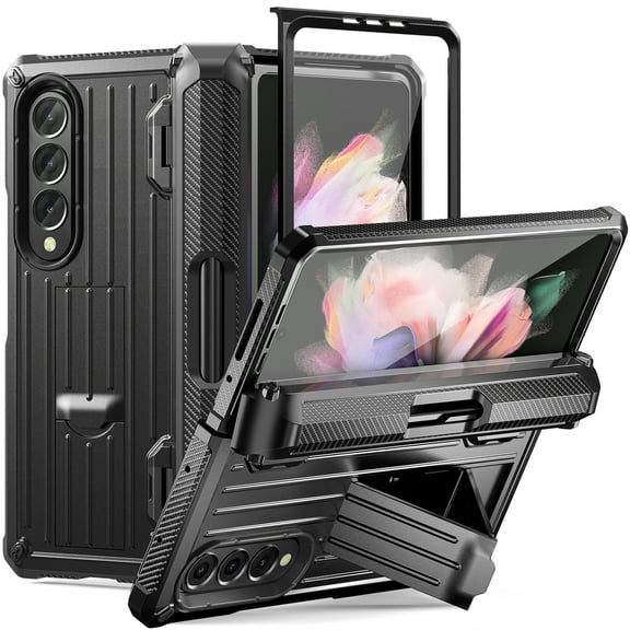 Case for Samsung Galaxy Z Fold3 with Hidden Screen Protector Kickstand S Pen Holder Hinge Protection, Rugged PC Shockproof Cover Compatible MagSafe Wireless Charging Non-Slip Case,Black