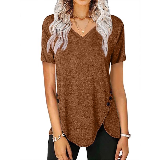 Puntoco moda mujer verano Casual botones cuello en V manga corta Pullove blusa sólida Puntoco Puntoco-4973