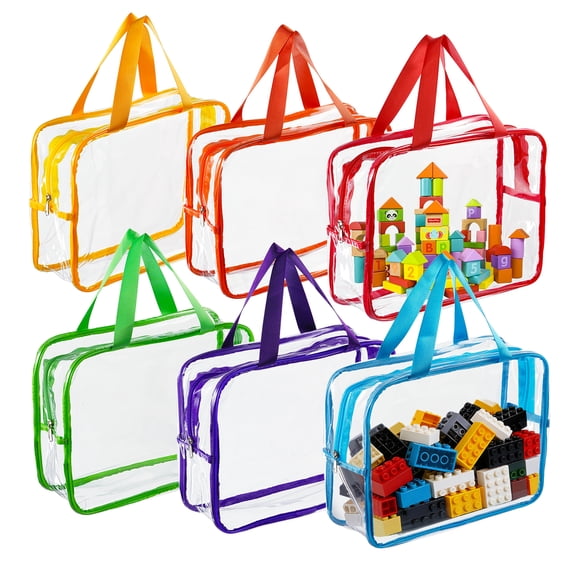 Lumikrypt 6 Pack Clear Toy Storage Bags, Large PVC Toy Organizing Bags with Zipper, Reusable Waterproof and Dust-Proof Toy Storage Bag for Building Blocks, Puzzles (6 Colors)