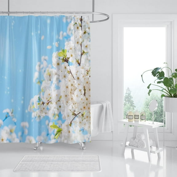 Pink Cherry Blossom Shower Curtain, Japanese Sakura Floral Shower Curtain Set, Plant Flower Cherry Shower Curtains for Bathroom, Waterproof Fabric with 12 Hooks, 72 x 72 Inches