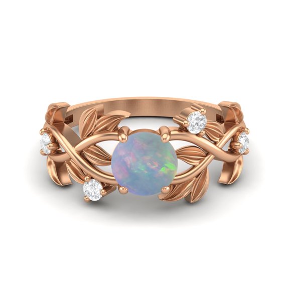 6MM Round Opal 925 Silver Rose Plated Solitaire Women Classic Valentines Day Gifts Ring