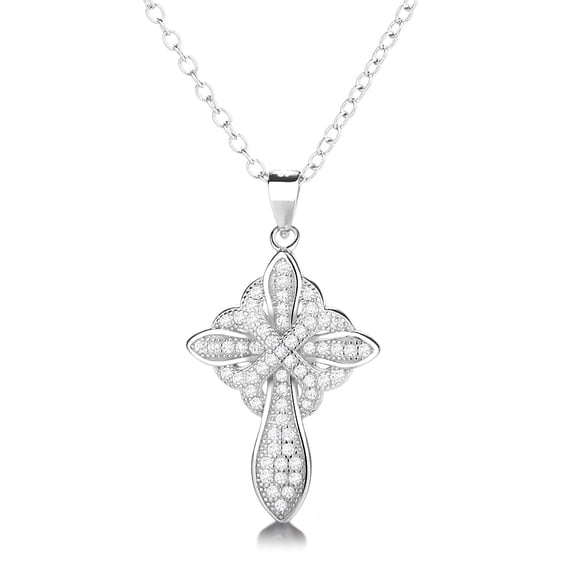 Amy and Annette 14K White Gold Plated Studded Cross Pendant Necklace