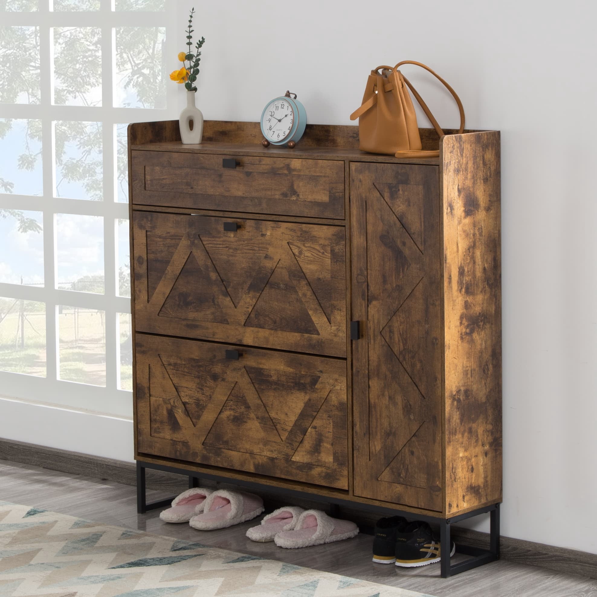 BSHTI Shoe Storage Cabinet with 2 Flip Drawers & Side Cabinet, High-Quality MDF in a Rustic Brown Finish, Adjustable & Versatile Storage, Easy Assembly