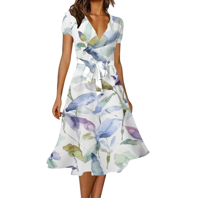 B91xZ Robe Maxi Grande Taille pour Femmes Manches Courtes Décontractées Col en V à Pois Plissée Ligne A Robes Fluides, Blanc P