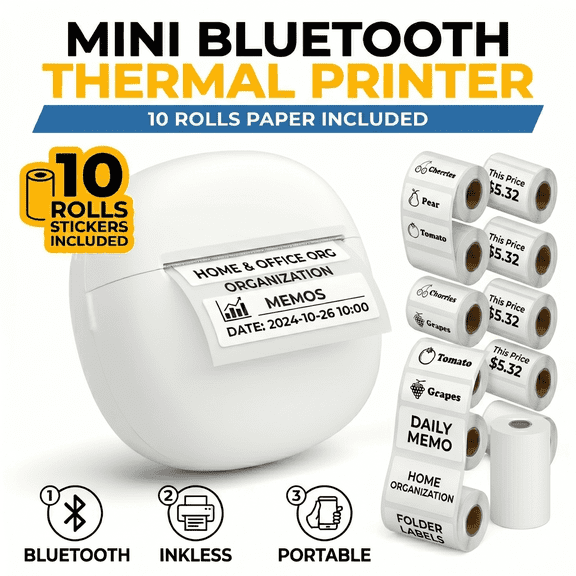 YDLW Portable Bluetooth Inkless Thermal Printer, Wireless Pocket Label Maker with 10 Rolls Paper for iOS and Android, White