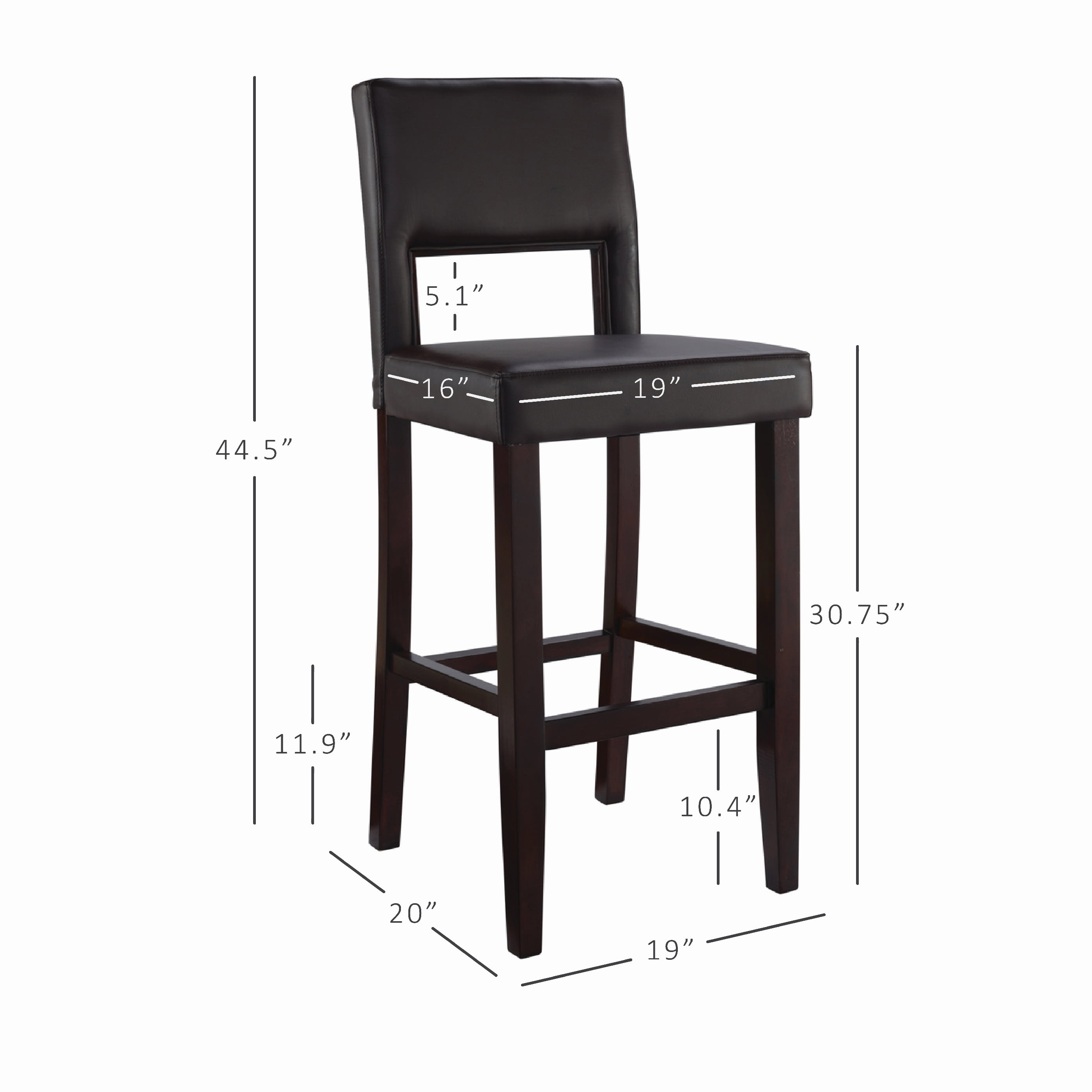 Linon Vega 30" Full Back Wood Bar Stool, Dark Brown Faux Leather